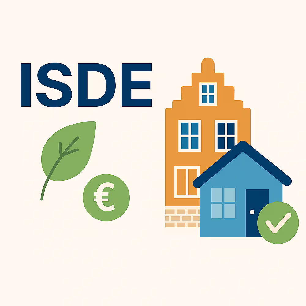 ISDE-illustratie met woningen, een blad, een euroteken en een vinkje.